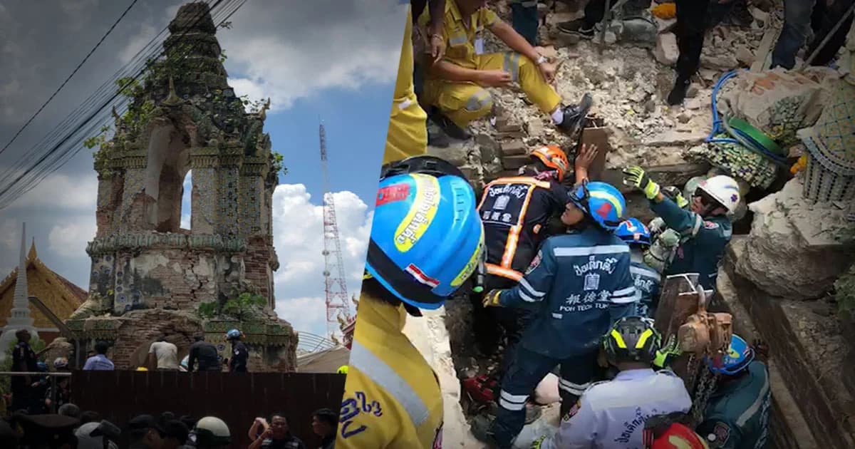 ด่วน ! เจดีย์วัดพระยาทำวรวิหาร เขตบางกอกน้อย ถล่มทับคนงานเจ็บอื้อ