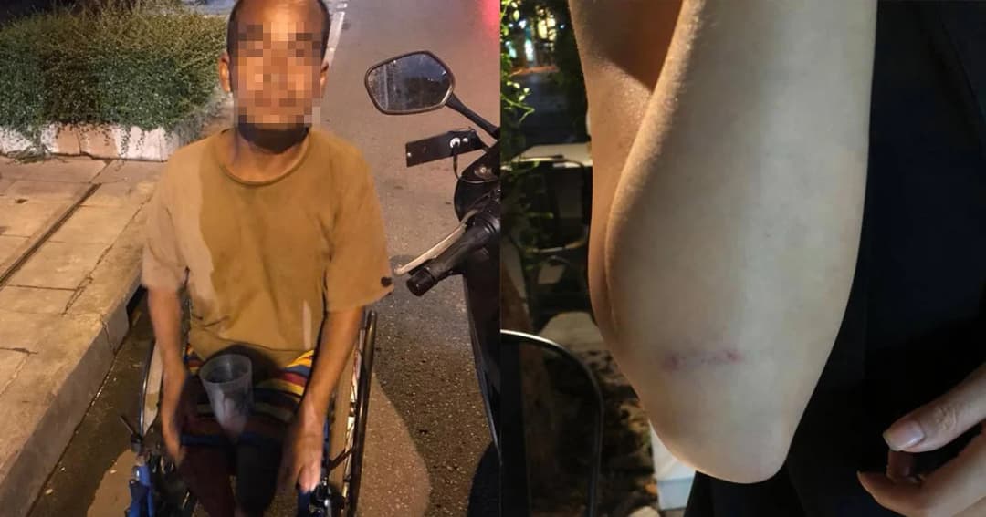 คนพิการดักปาหินหน้า รร.ดังย่านสีลม เข็นวีลแชร์หนี