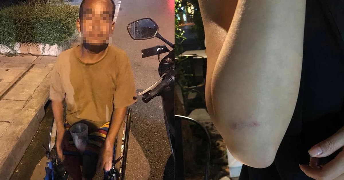 คนพิการดักปาหินหน้า รร.ดังย่านสีลม เข็นวีลแชร์หนี