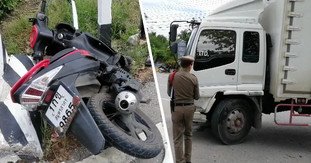 หกล้อเลี้ยวกะทันหัน สองผัวเมียขี่ จยย.ตามมาเบรกไม่ทัน ชนอย่างจัง เจ็บ 2 ราย