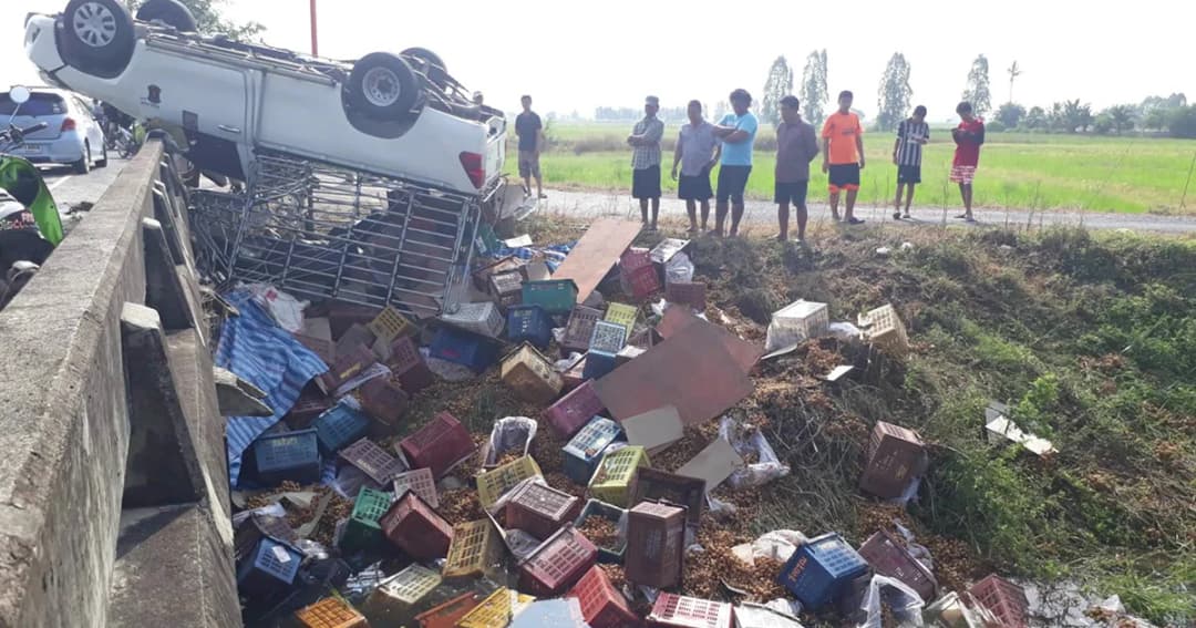 ไม่ชินทาง! พ่อค้าก้มดู GPS รถแหกโค้งชนราวสะพาน