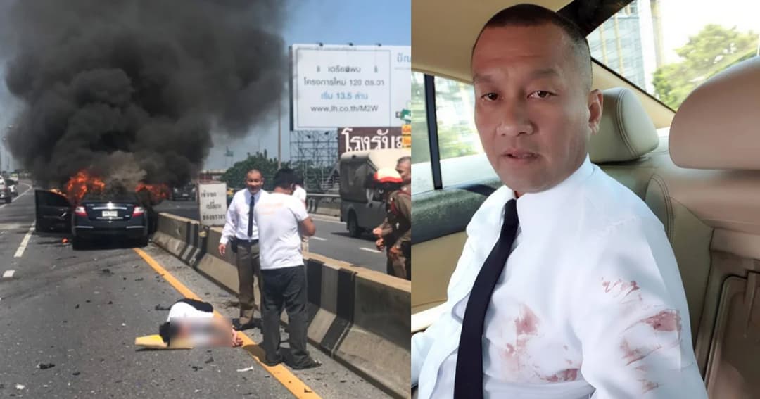 รอดหวุดหวิด! ชนสนั่นไฟลุกท่วมกลางด่วนคู่ขนานลอยฟ้า ตร.ทุบกระจกช่วยชีวิต