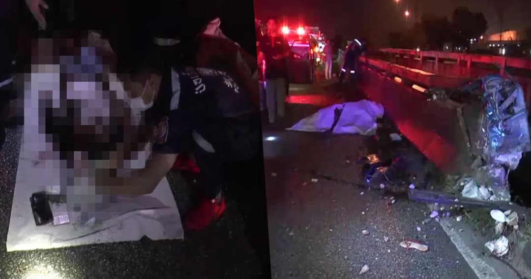 สลด ! เก๋งซิ่งฝ่าฝนน้ำขังถนนลื่น ชนราวสะพานพลิกคว่ำ ดับ 6 ศพ