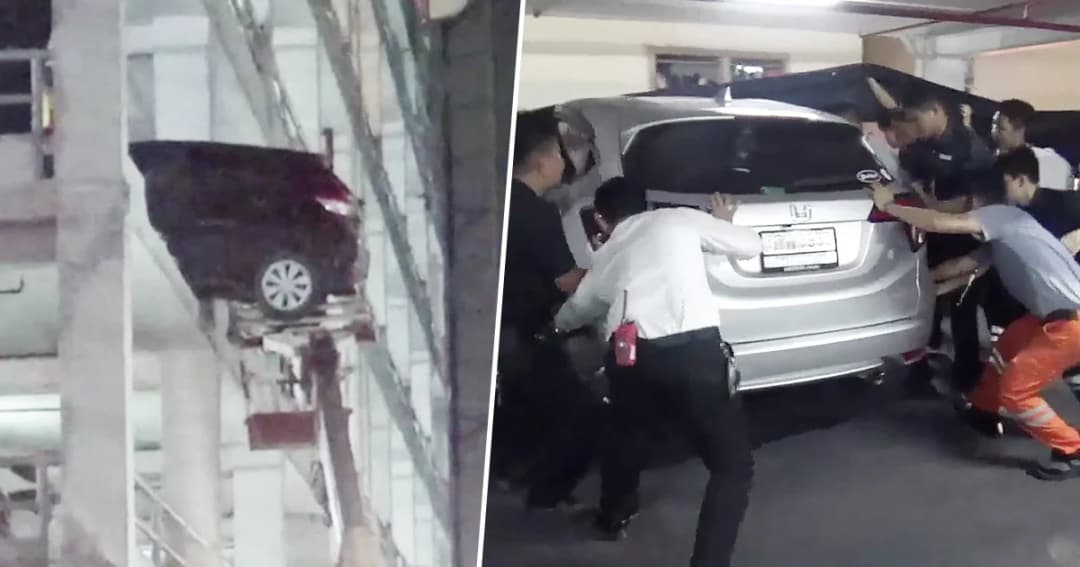 เก๋งพุ่งชนรถ! ทะลุอาคารจอดรถห้างย่านรัชดา ท้ายโผล่ครึ่งคัน