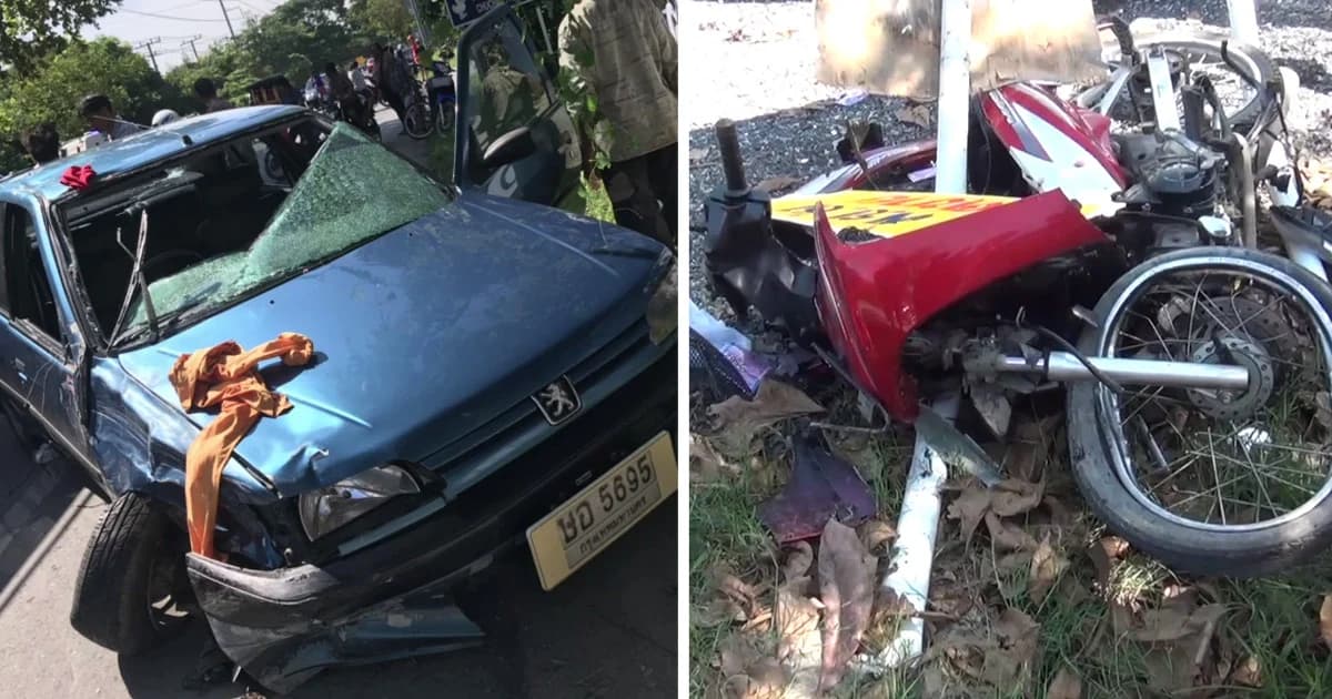 ชนสยองสองน้าหลาน ขี่ จยย.ไปงานกฐิน เจอเก๋งซิ่งชนดับ แขนขาดกระเด็นเข้ารถ