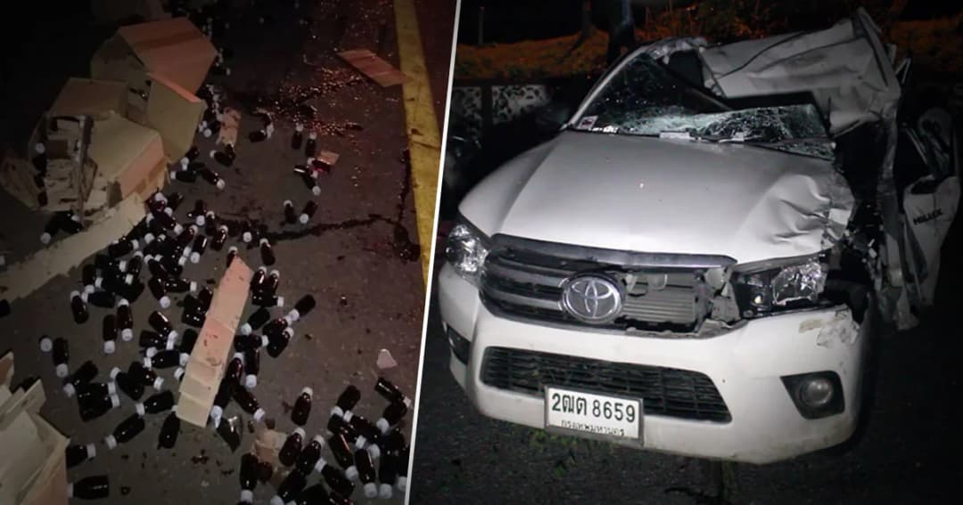 กระบะชนท้ายรถบรรทุก เทกระจาดยาแก้ไอกว่าหมื่นขวด หล่นเกลื่อนถนน