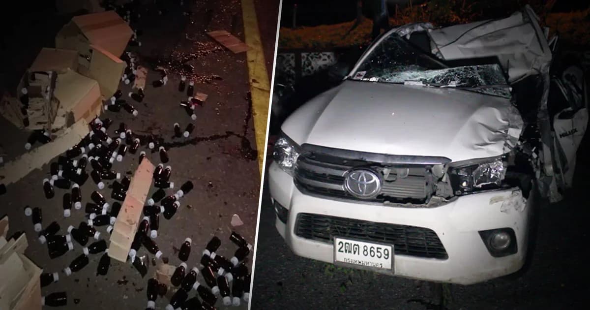 กระบะชนท้ายรถบรรทุก เทกระจาดยาแก้ไอกว่าหมื่นขวด หล่นเกลื่อนถนน