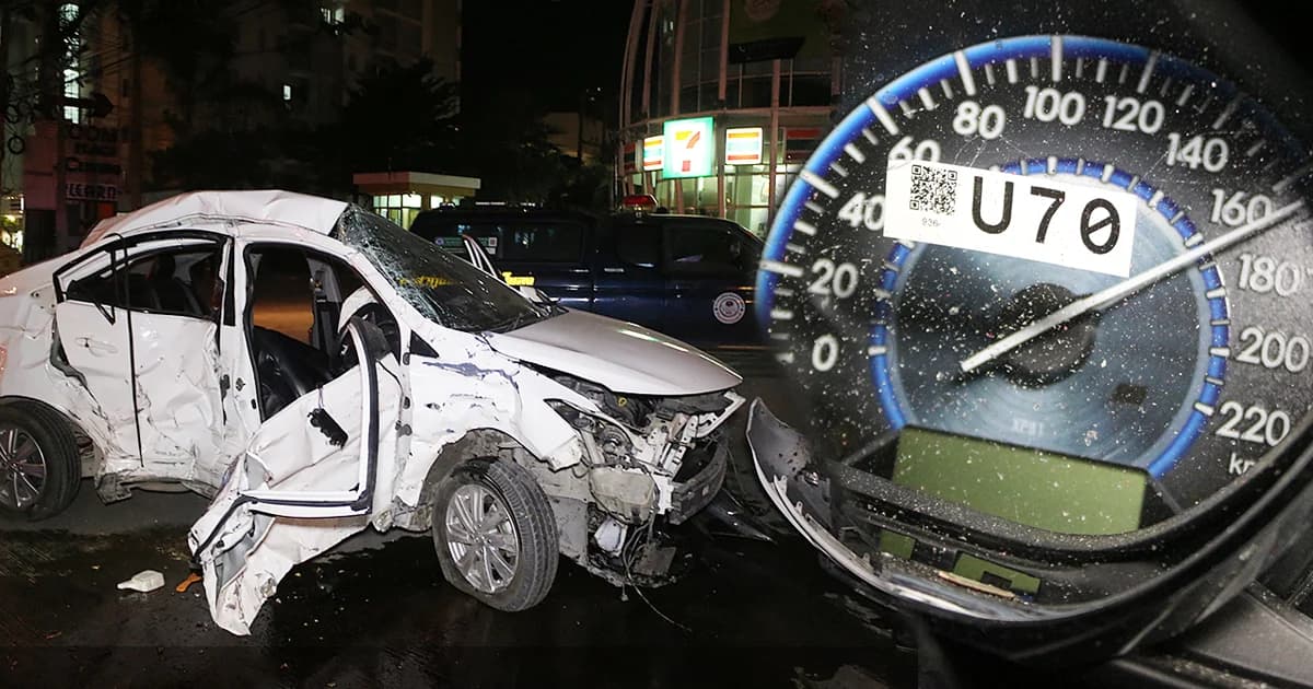 เข็มไมล์ค้าง 170! เก๋งซิ่งชนแท็กซี่จอดข้างทางพังยับ เจ็บสาหัส 2 ราย