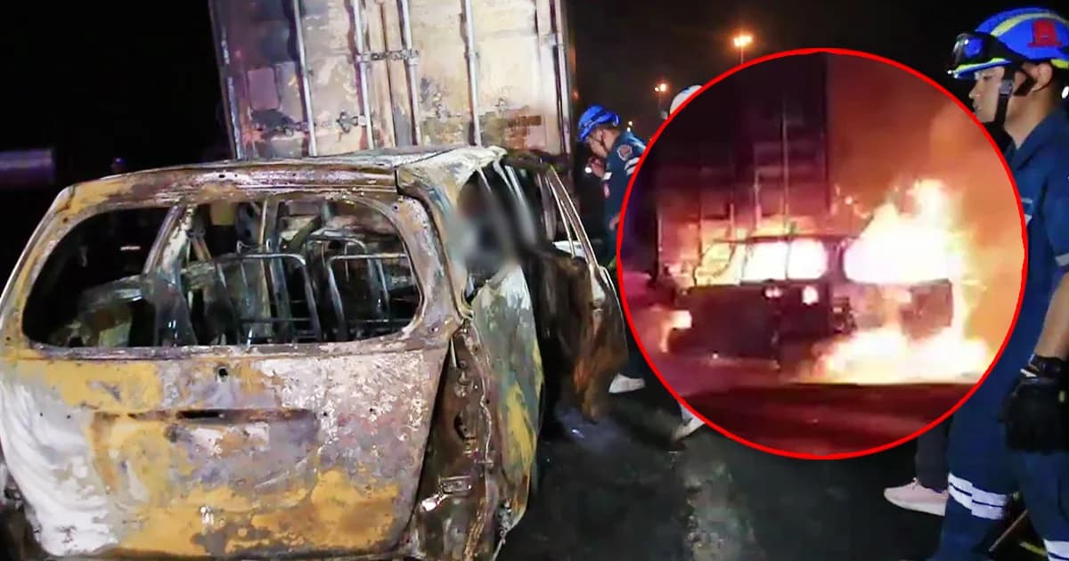 แท็กซี่พุ่งเสยท้ายพ่วง 18 ล้อ เข้าอย่างจัง ไฟลุกท่วมย่างสดคนขับดับสลด