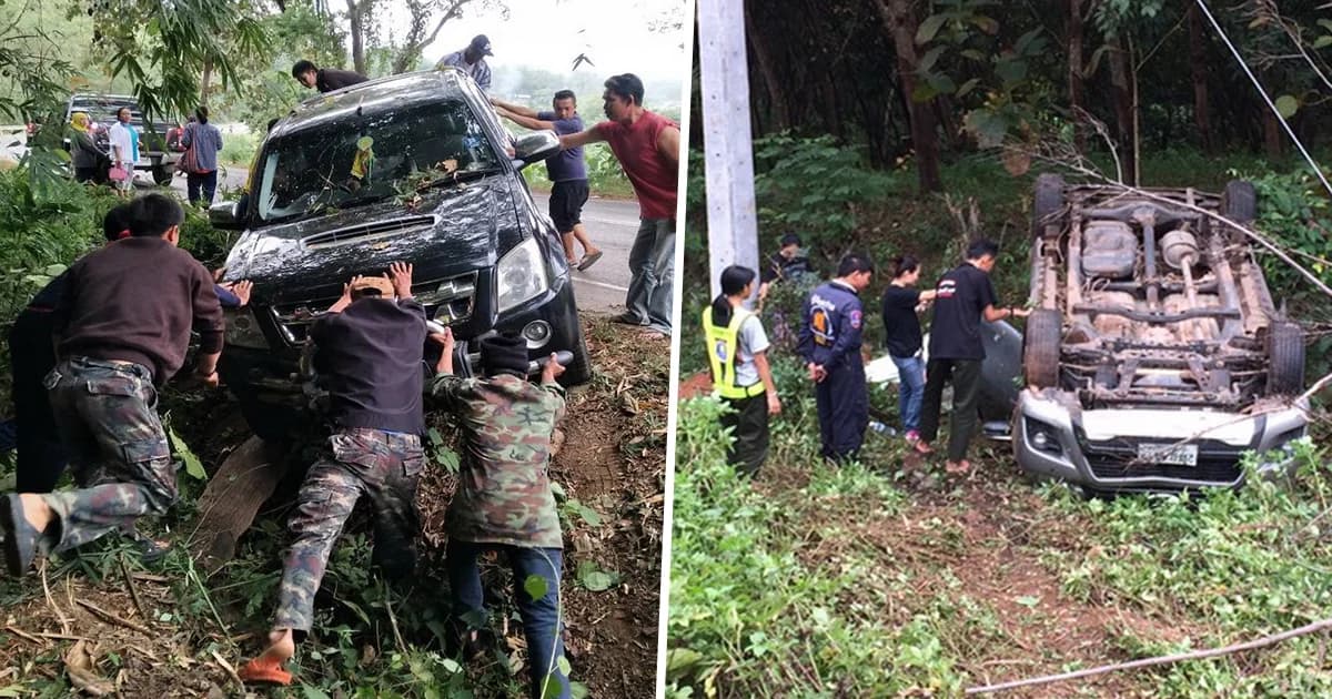 กู้ภัยวิ่งวุ่น! รถลื่นไถลพลิกคว่ำนับ 10 คัน เหตุน้ำยางหกเกลื่อน-ฝนตก เจ็บระนาว