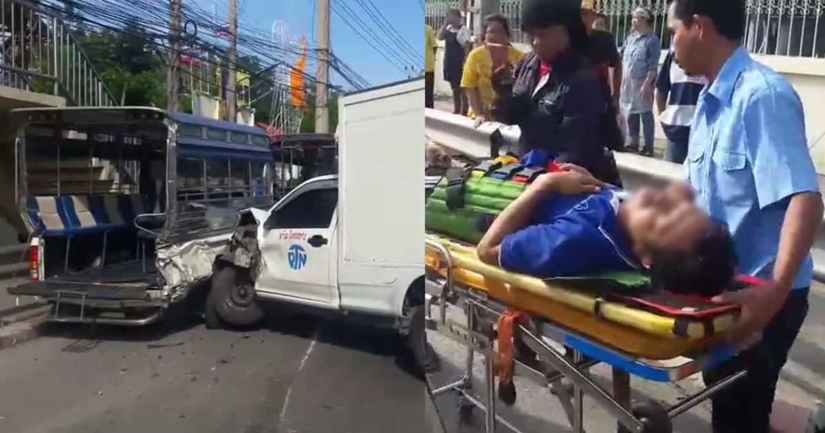 เจ็บนับ 10 ! กระบะส่งของไม่ทันมอง พุ่งชนสองแถวจอดข้างทาง
