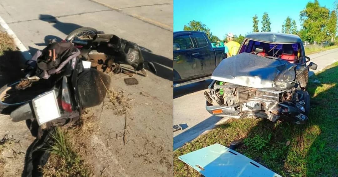 ขี่จักรยานยนต์ขโมยของ แต่ไปไม่พ้นพลาดเสียหลักประสานงากระบะ