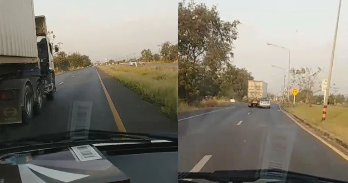 ใหญ่คับถนน! รถบรรทุกขับบาดเก๋งหวิดตกถนน