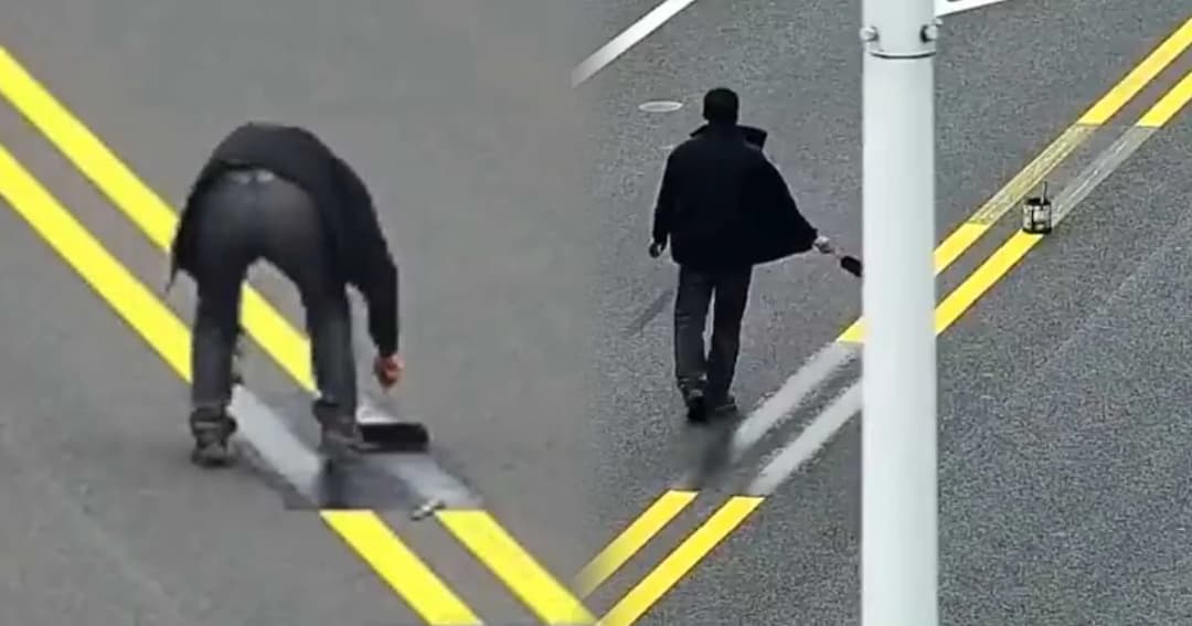 เปิดคลิป ! พนง.ภัตตาคาร ทาสีลบเส้นจราจร หวังลูกค้าเลี้ยวเข้าร้านง่ายขึ้น