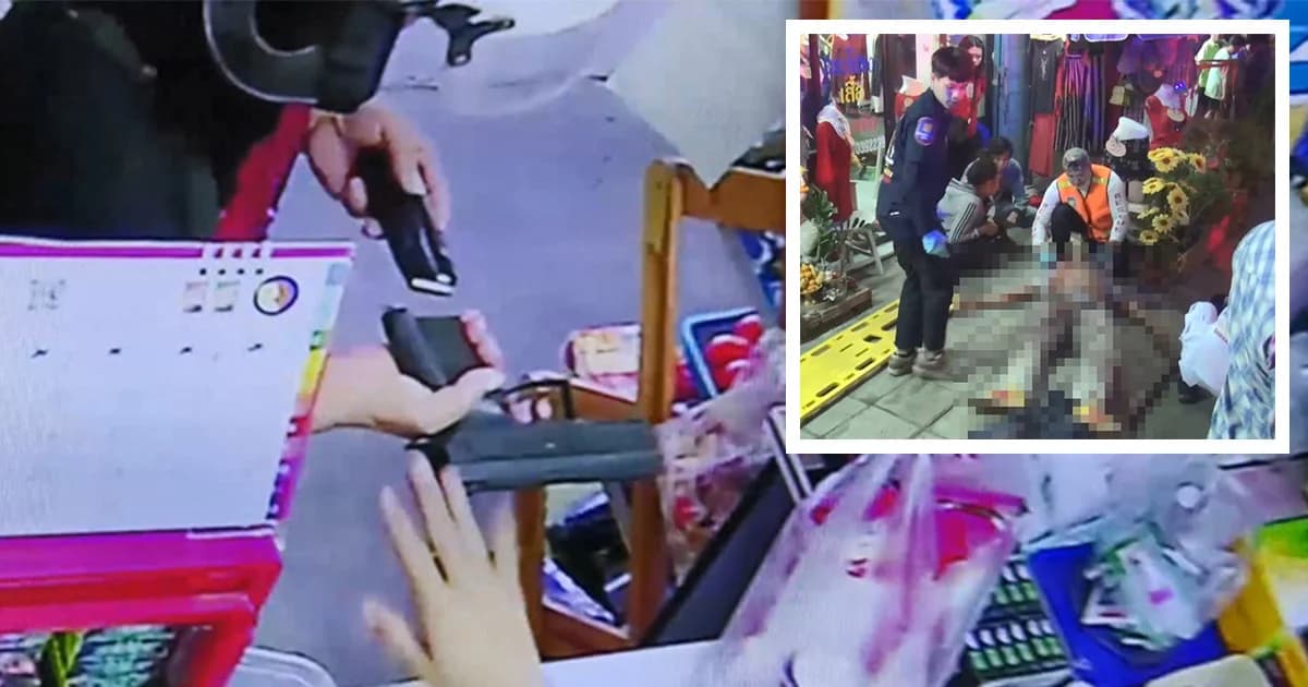 เปิดกล้องวงจรปิด สาวใหญ่ควักปืนโชว์ร้านของชำ ก่อนบุกยิงสามี – หญิงคู่กรณี