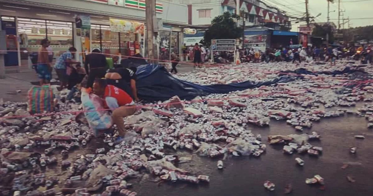 ความผิดสำเร็จ คนเก็บเบียร์ร่วงจากรถคว่ำ 8 หมื่นกระป๋อง “ลักทรัพย์”