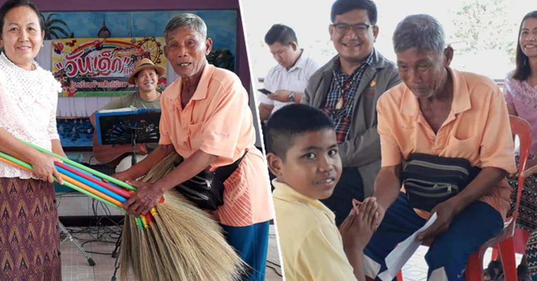 “คุณตาหัวใจเทวดา” แบ่งกำไรจากขายไม้กวาดแจกทุนการศึกษา-เลี้ยงอาหารเด็กยกโรงเรียน