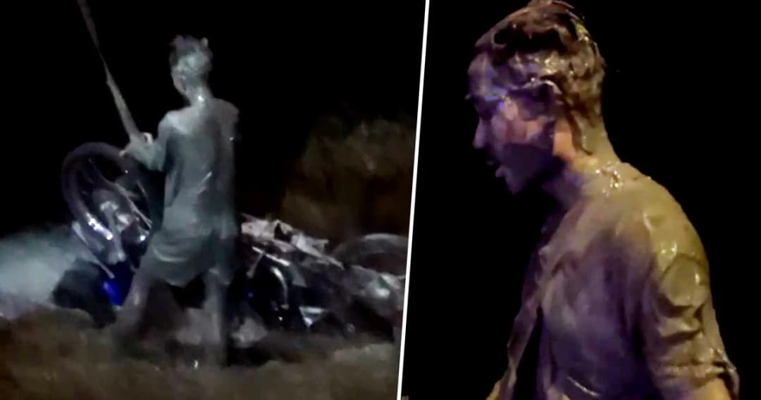 หนุ่มเมียนมาแว้น จยย. เบิร์นยาง-ยกล้อโชว์ เสียหลักพุ่งตกทะเลจมโคลน