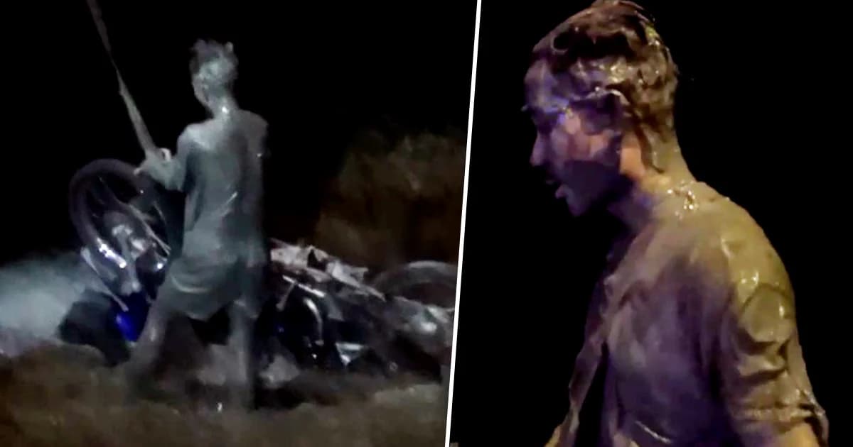 หนุ่มเมียนมาแว้น จยย. เบิร์นยาง-ยกล้อโชว์ เสียหลักพุ่งตกทะเลจมโคลน