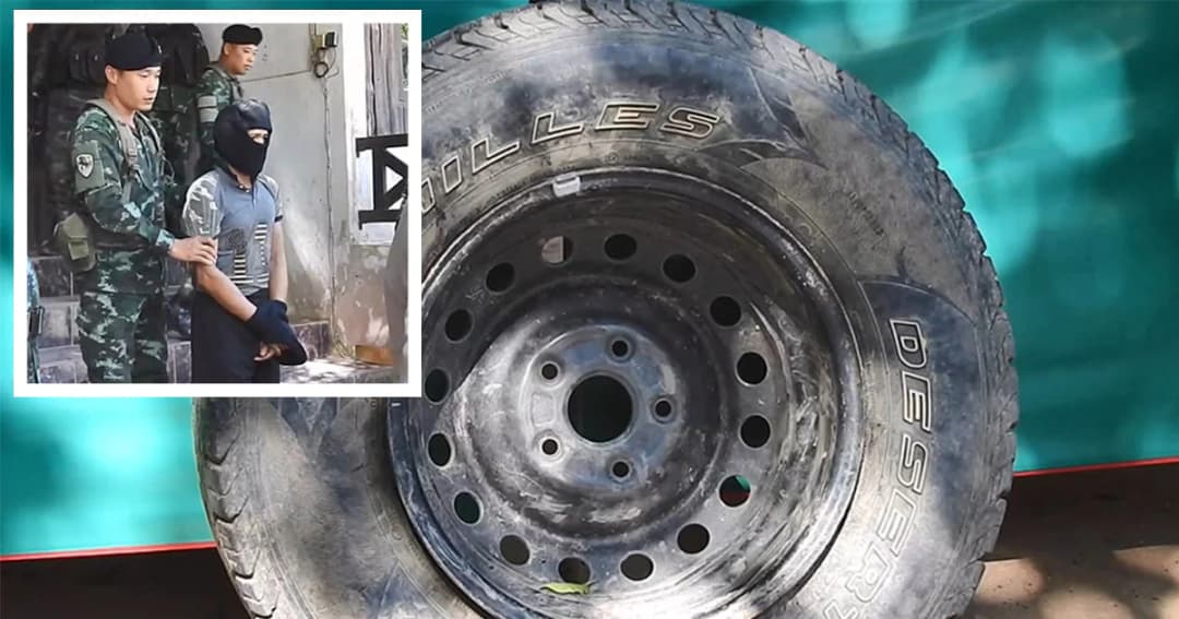 รวบหนุ่มเมียนมา ยึดยาบ้า 2 เเสนเม็ด ซุกในยางรถ นำข้ามลำน้ำสาย ลักลอบเข้าไทย