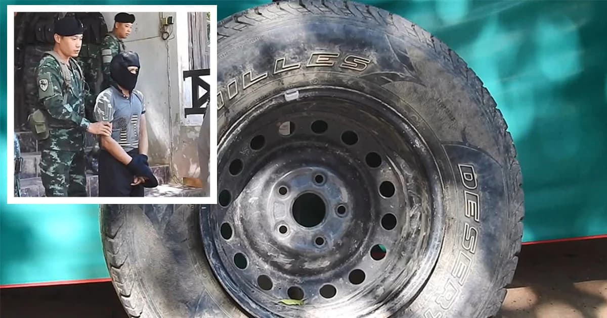 รวบหนุ่มเมียนมา ยึดยาบ้า 2 เเสนเม็ด ซุกในยางรถ นำข้ามลำน้ำสาย ลักลอบเข้าไทย