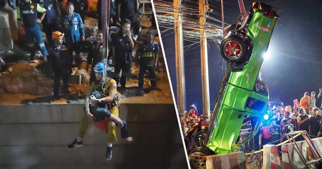 กระบะแต่งซิ่งเสียหลักตกบ่อลึก 17 เมตร ย่านคลองสามวา คนขับจมน้ำดับ