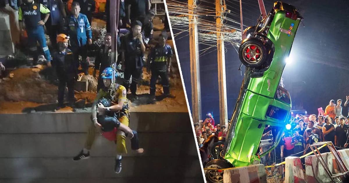 กระบะแต่งซิ่งเสียหลักตกบ่อลึก 17 เมตร ย่านคลองสามวา คนขับจมน้ำดับ