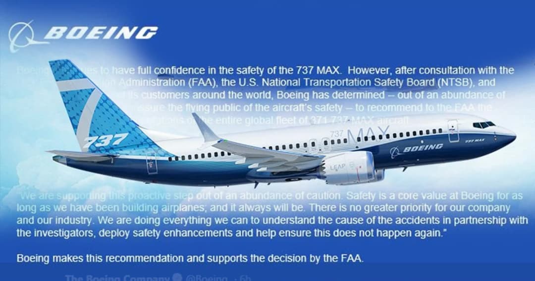 “โบอิ้ง” ระงับบินชั่วคราว ห้ามใช้เครื่อง 737 แม็กซ์ทุกลำทั่วโลก