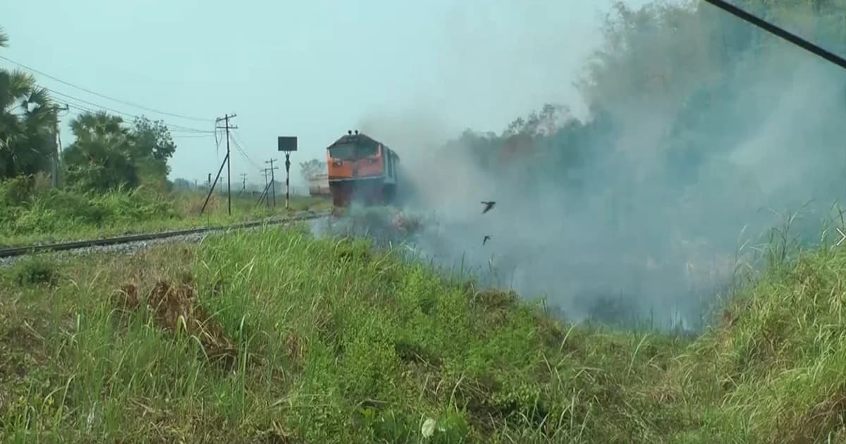 อุทาหรณ์! ทิ้งก้นบุหรี่ลงข้างทางรางรถไฟ ลามไหม้กอไผ่ใกล้บ้านเรือน