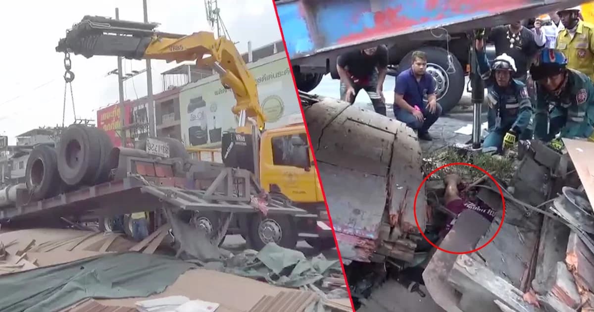 รถบรรทุกไม้อัดแหกโค้งพลิกคว่ำแยกรัชดา-ตลาดพลู เสียชีวิต 1 ราย