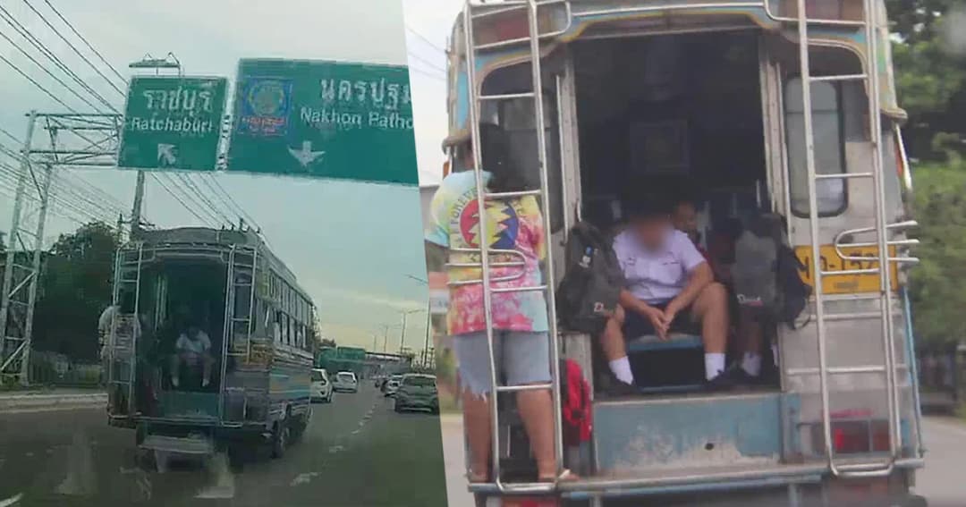 เสี่ยงอันตรายถึงชีวิต! นักเรียนนั่งหลับบนท้ายรถสองแถว พลเมืองดีหวั่นตกรถ ขณะไปโรงเรียน