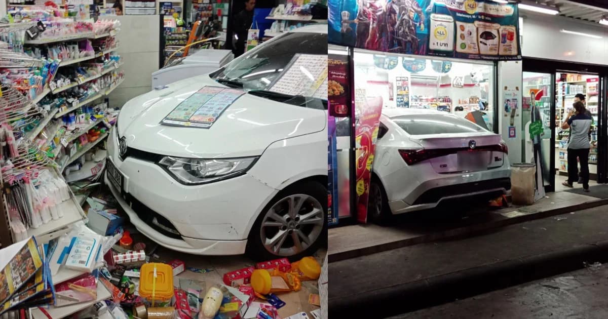 เก๋งเสียหลักพุ่งทะลุร้านสะดวกซื้อถนนเทียมร่วมมิตร ชนหนุ่ม 19 ปีเจ็บ ขณะซื้อของ