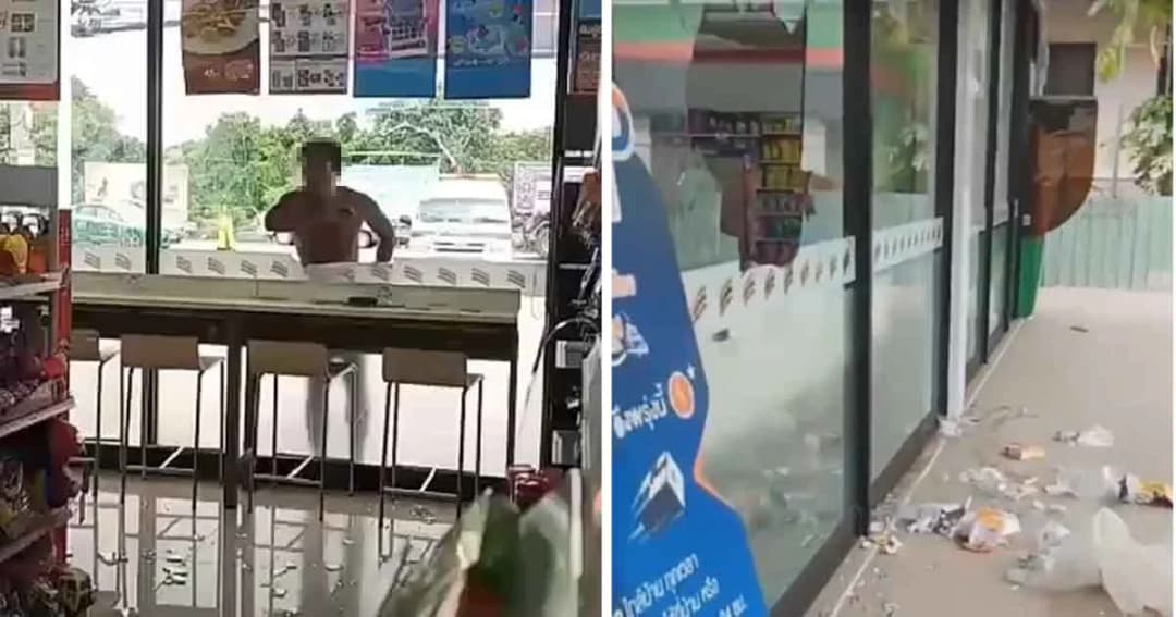 “เทพเจ้าธอร์”ปลอม คลั่ง! แก้ผ้าบุกทุบกระจกร้านสะดวกซื้อพังยับ