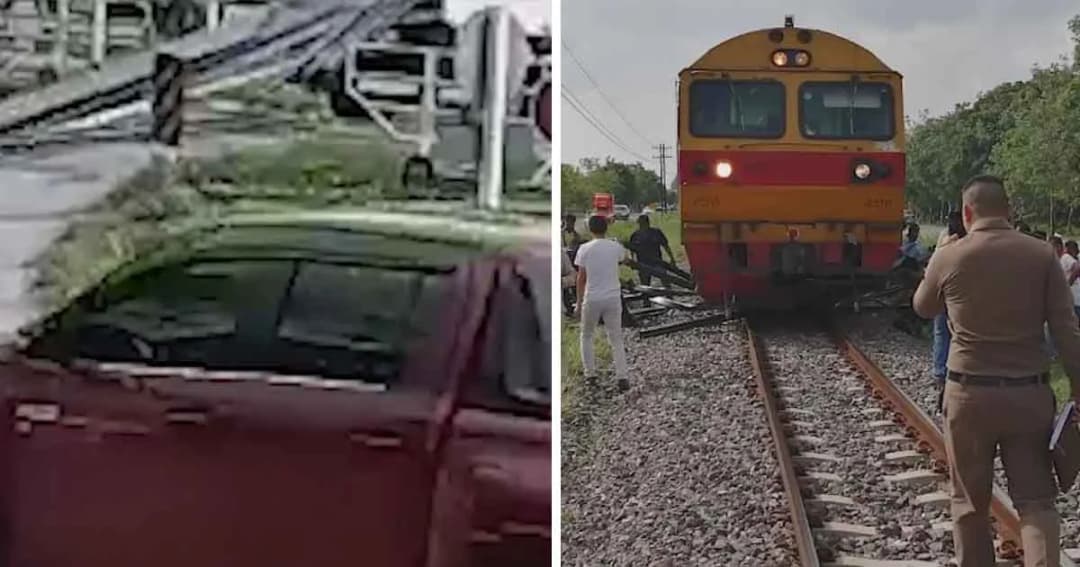 ระทึก! รถไฟพุ่งทับเหล็กเส้นยาว 5 เมตร หลังรถบรรทุกทำร่วงขวางราง