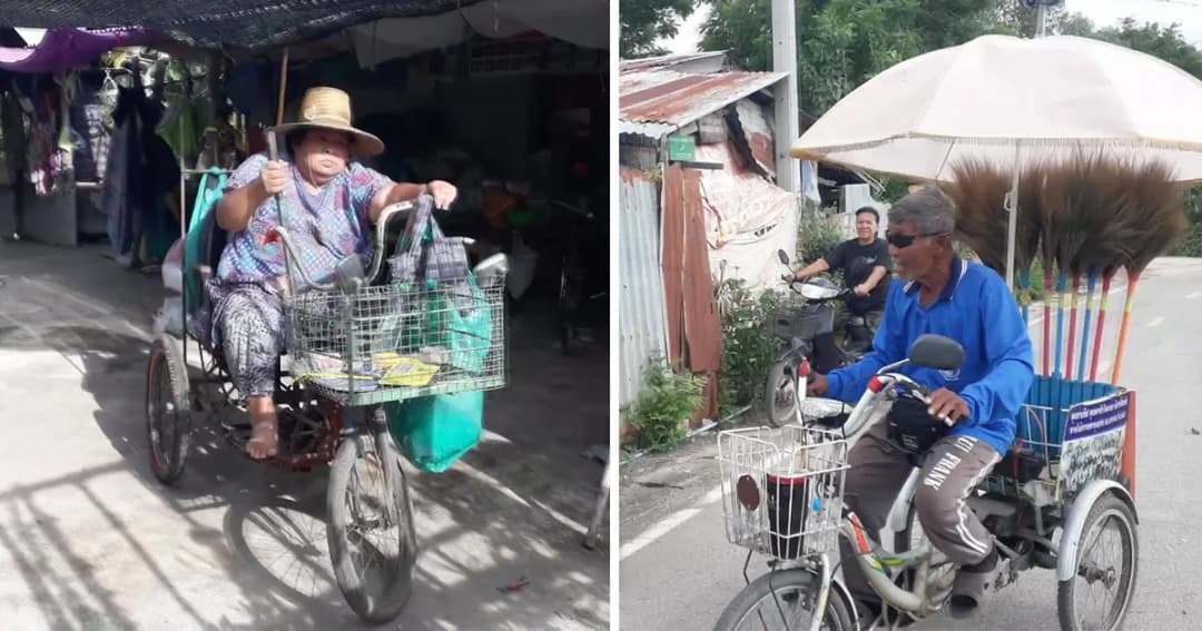 คุณตาหัวใจเทวดาบึ่งจักรยาน 20 กม. นำเงินกำไรขายไม้กวาดช่วยป้าพิการเก็บขยะขาย