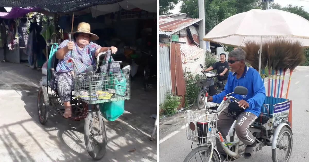 คุณตาหัวใจเทวดาบึ่งจักรยาน 20 กม. นำเงินกำไรขายไม้กวาดช่วยป้าพิการเก็บขยะขาย