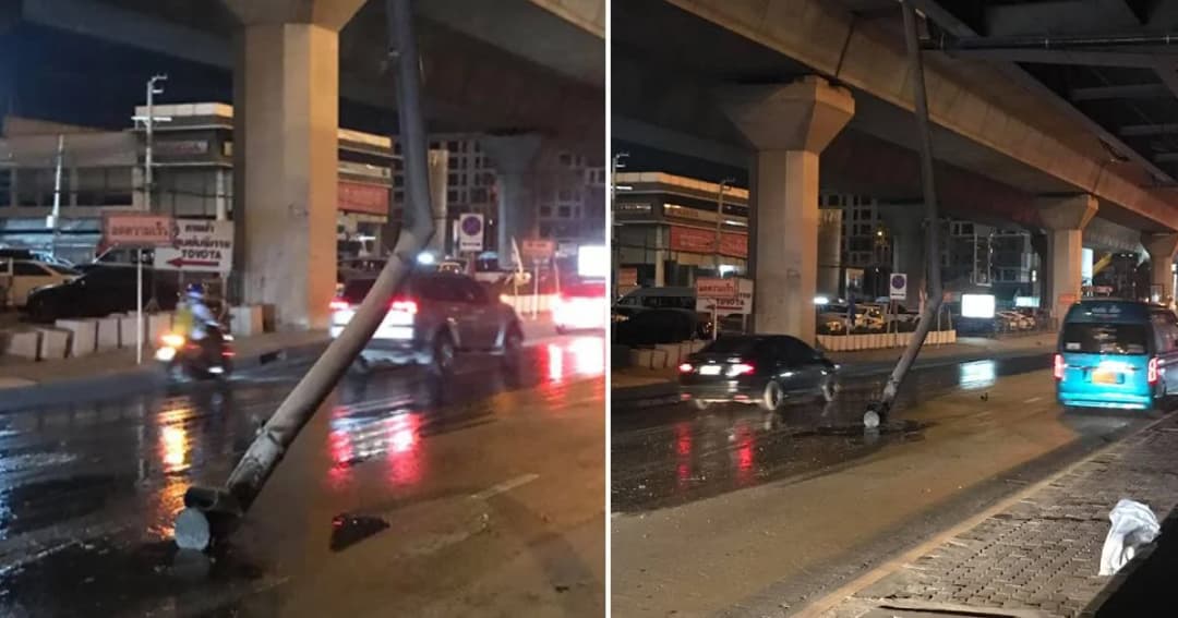 ท่อระบายน้ำสะพานยกระดับพระราม 9 หักลงกลางถนน หวิดโดนหนุ่มขี่จยย.