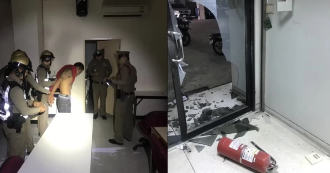 หนุ่มเมาแอบเข้าไปนั่งเล่นในธนาคาร ออกไม่ได้ทุบกระจกแตก