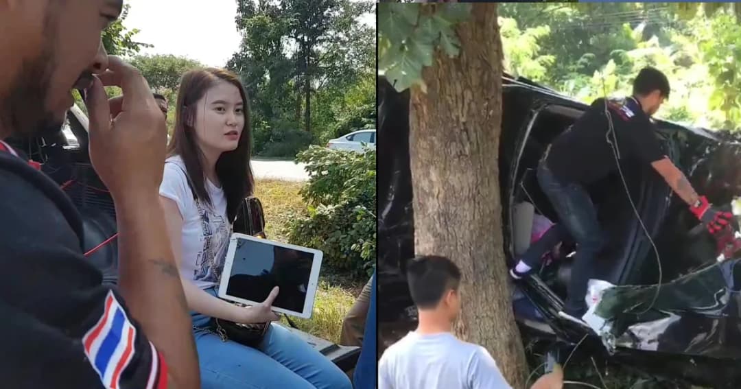 สาวหลับในขับรถชนต้นไม้พังยับ โชคดีไม่ได้รับบาดเจ็บ