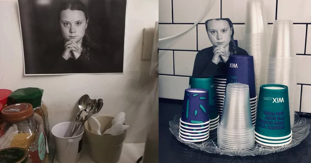 ออฟฟิศในอิสราเอลหัวใส แปะรูปเกรต้า ธันเบิร์ก เตือนพนักงานให้ลดการใช้พลาสติก