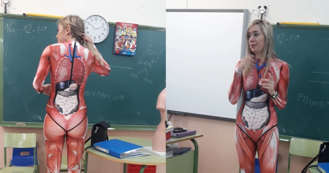 ครูสาวชาวสเปนสวมชุด bodysuit เพื่อสอนกายวิภาคศาสตร์ให้เด็กๆ