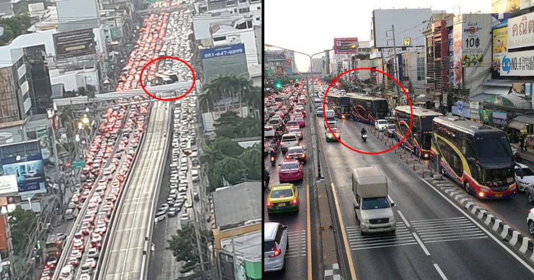 ลงดาบ 5 รถทัวร์เบียดเส้นทึบคอสะพานทำถนนงามวงศ์วานรถติดแสนสาหัส