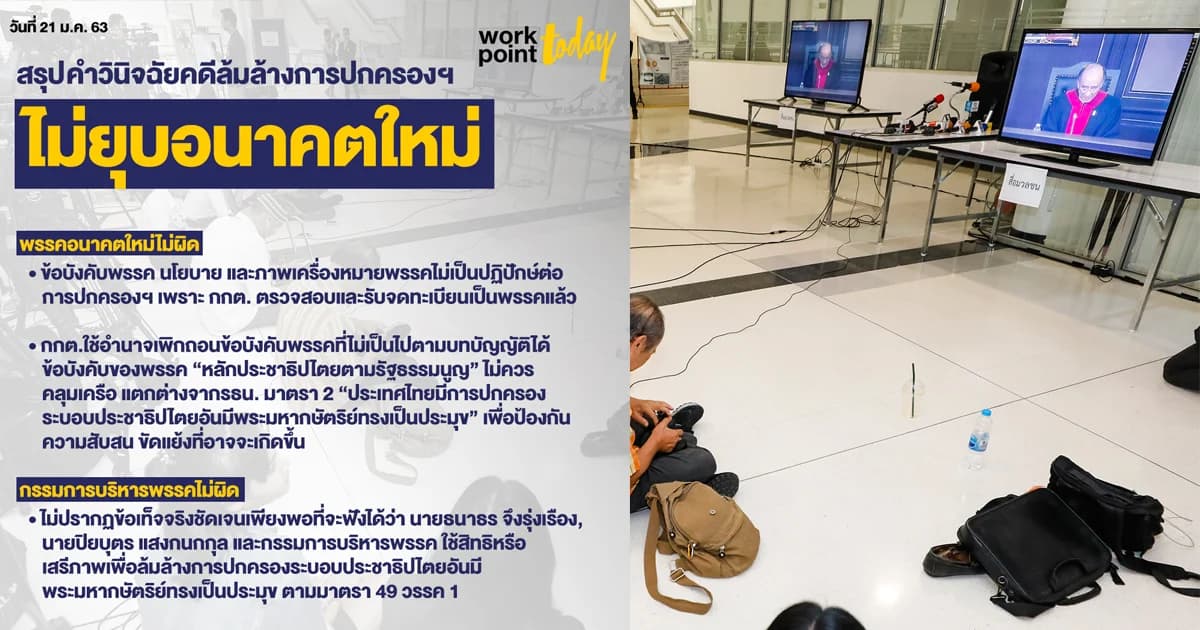 ศาลรธน.ไม่ยุบพรรคอนาคตใหม่ เปิดช่องกกต.ถอนข้อบังคับได้