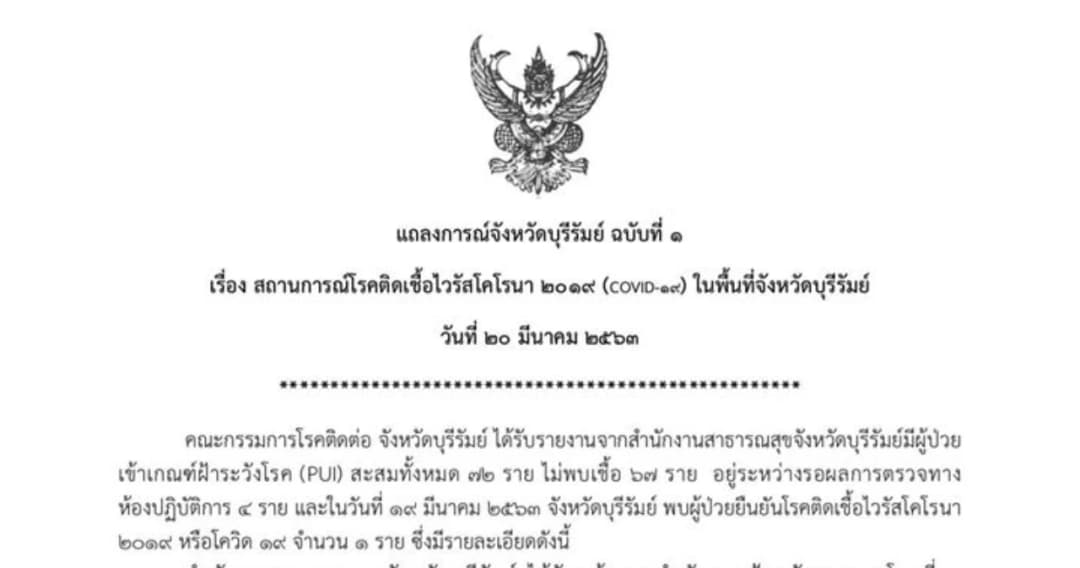 บุรีรัมย์แถลงการณ์ พบผู้ป่วยติดเชื้อโควิด-19 แล้ว 1 ราย