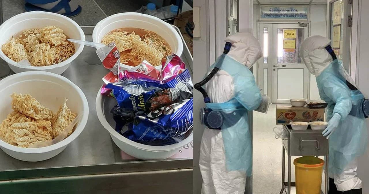 พยาบาล รพ.มหาราชในชุดอวกาศเสิร์ฟบะหมี่กึ่งสำเร็จรูป หลังเด็ก 9 ขวบป่วยโควิด-19 อยากกิน