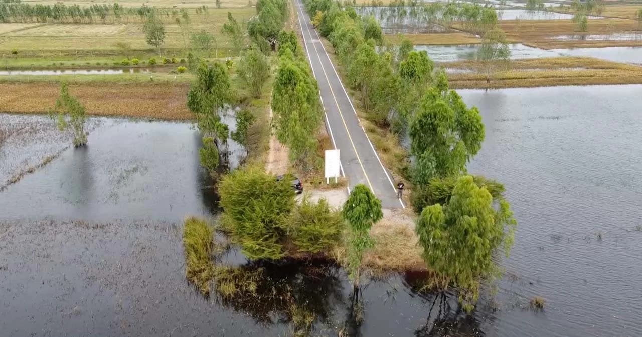 ‘โปรดระวังสิ้นสุดเส้นทางที่กลางน้ำ’ โผล่อีกเส้นถนนลาดยางกลางนาไปสุดทางที่กลางน้ำ