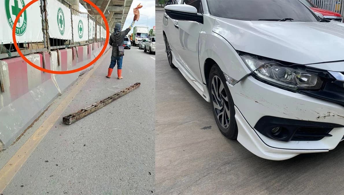 เตือนภัยถนนพระราม 2 เกิดอุบัติเหตุซ้ำซาก ล่าสุดเหล็กก่อสร้างหล่นถูกรถยนต์เสียหาย