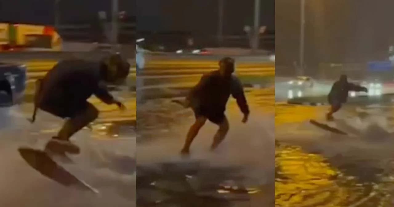 แชมป์โลกเวคสเก็ต งานเข้าโดนหมายเรียกหลังโชว์ลีลาโต้คลื่นกลางถนนน้ำท่วม