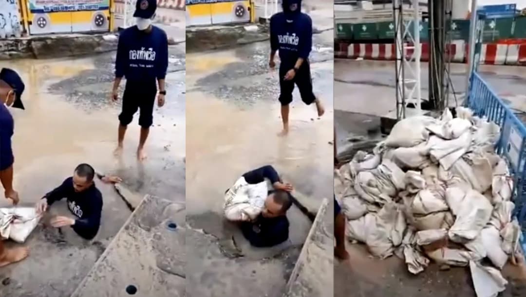 กระสอบทรายอุดตันท่อระบายน้ำ ต้นเหตุน้ำท่วมลาดกระบัง