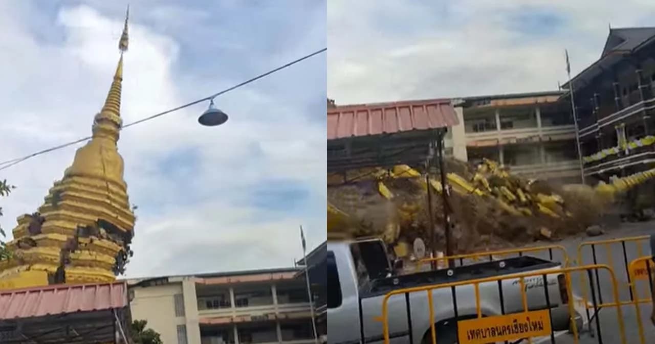 เชียงใหม่ ฝนตกหนักติดต่อกัน 3 วัน ทำพระธาตุเก่าแก่อายุกว่า 500 ปี วัดศรีสุพรรณพังถล่ม